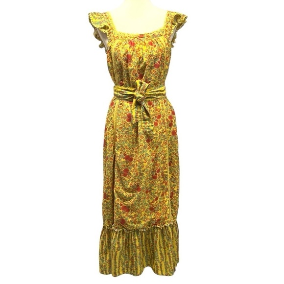 Roller Rabbit Rhody Zarella Silk Blend Yellow Tie Waist Midi Dress Women Large - Picture 9 of 16